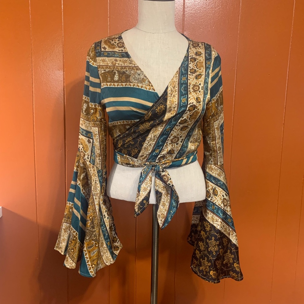 Cider Teal and Gold Patterned Wrap Blouse - Picture 1 of 11